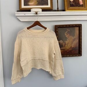 LONGWAY CA Organic Cotton Chunky Knit Sweater Size 1 Small Cream Raw Hem Crochet